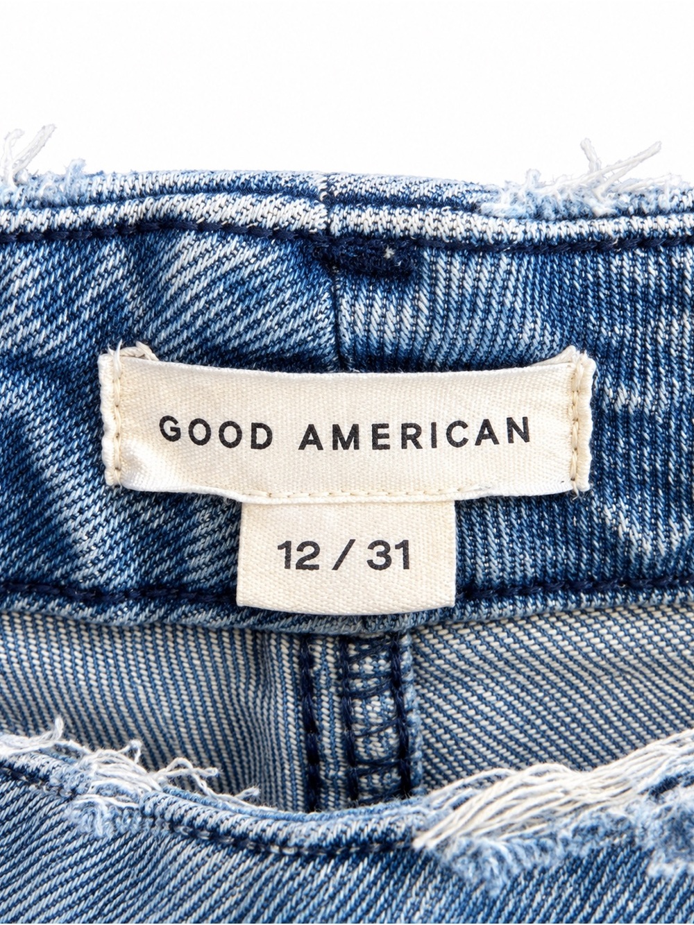 Good American Jeans 12/31 High Rise Straight Leg Light Wash Distressed Raw Hem - Picture 2 of 4